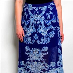 Blue and White Floral Abstract Long Summer Maxi Skirt NEW